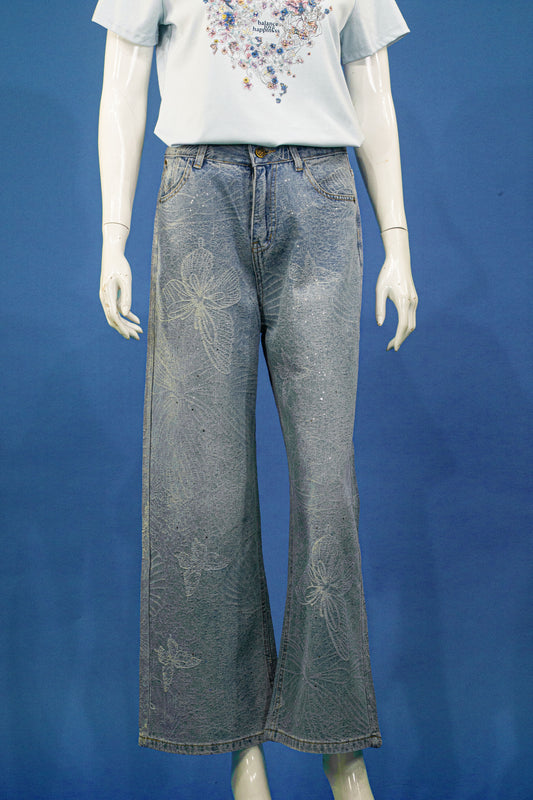 Celana Panjang Soft Jeans Motif Big Butterfly Embos