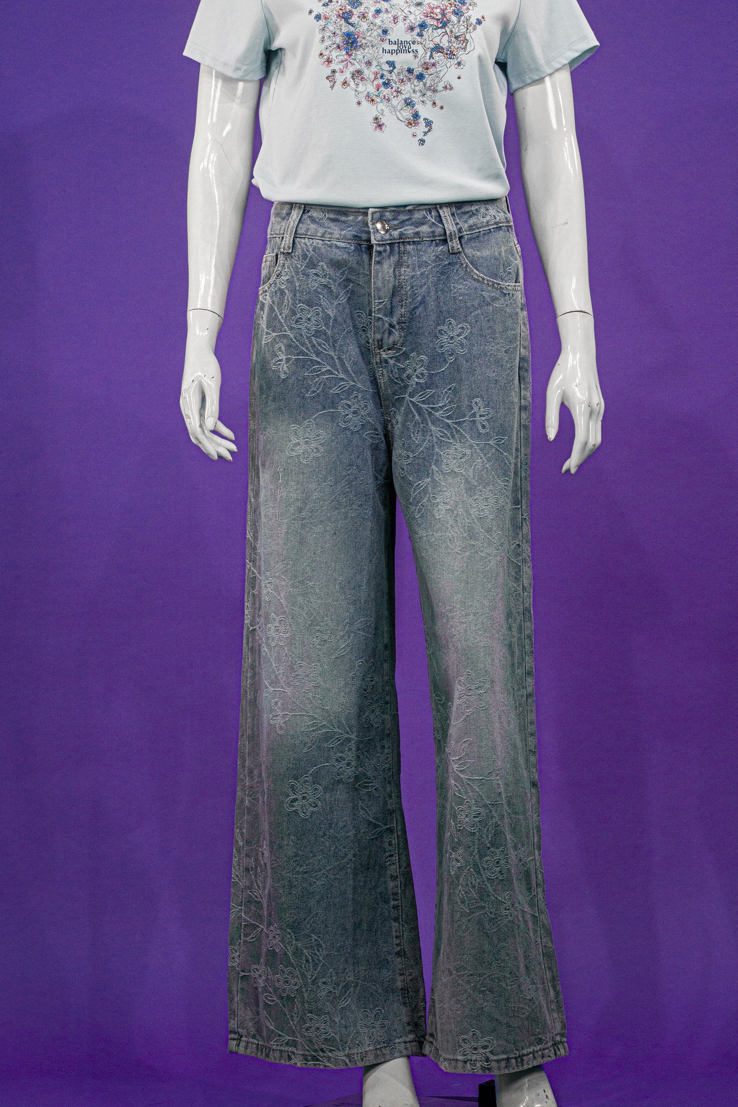 Celana Panjang Soft Jeans Motif Bunga Emboss