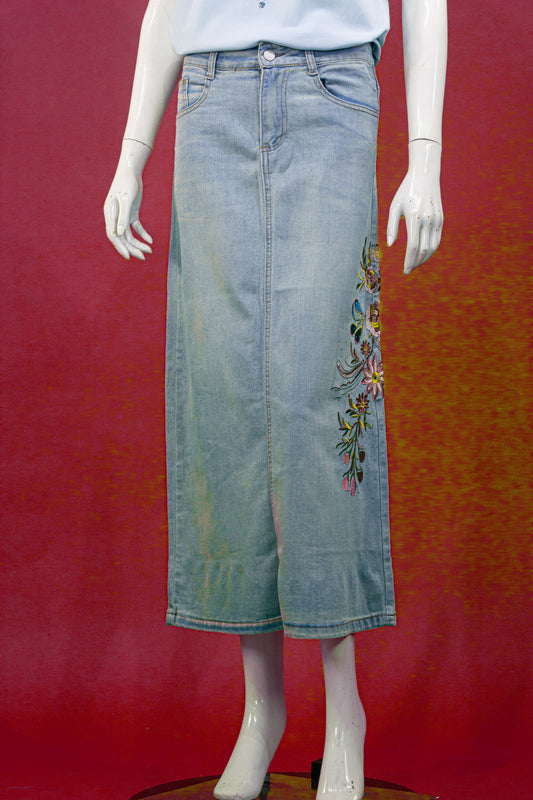 Rok Soft Jeans Motif Bunga Samping