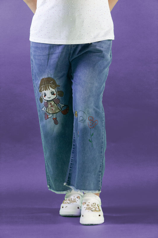 Celana Soft Jeans Panjang Motif Flower Girl