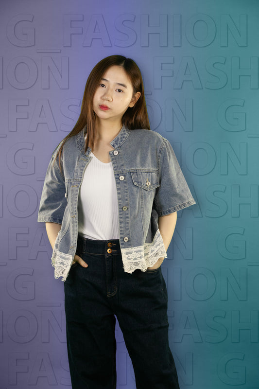 Blouse Jeans Tangan Pendek Renda Bawah