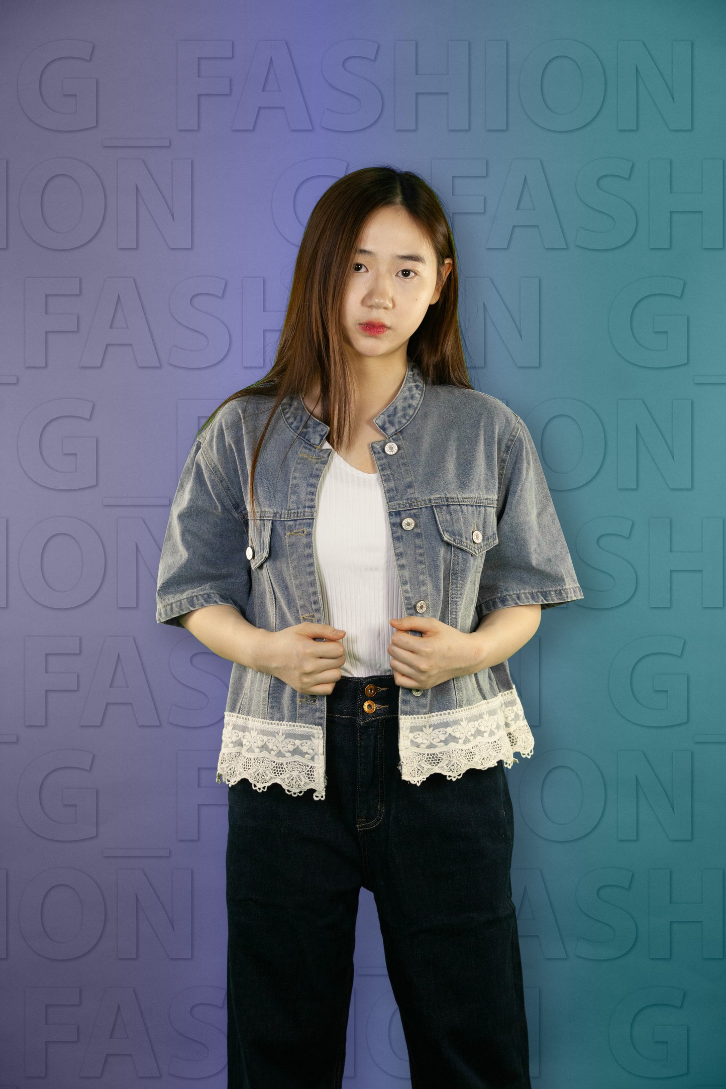 Blouse Jeans Tangan Pendek Renda Bawah