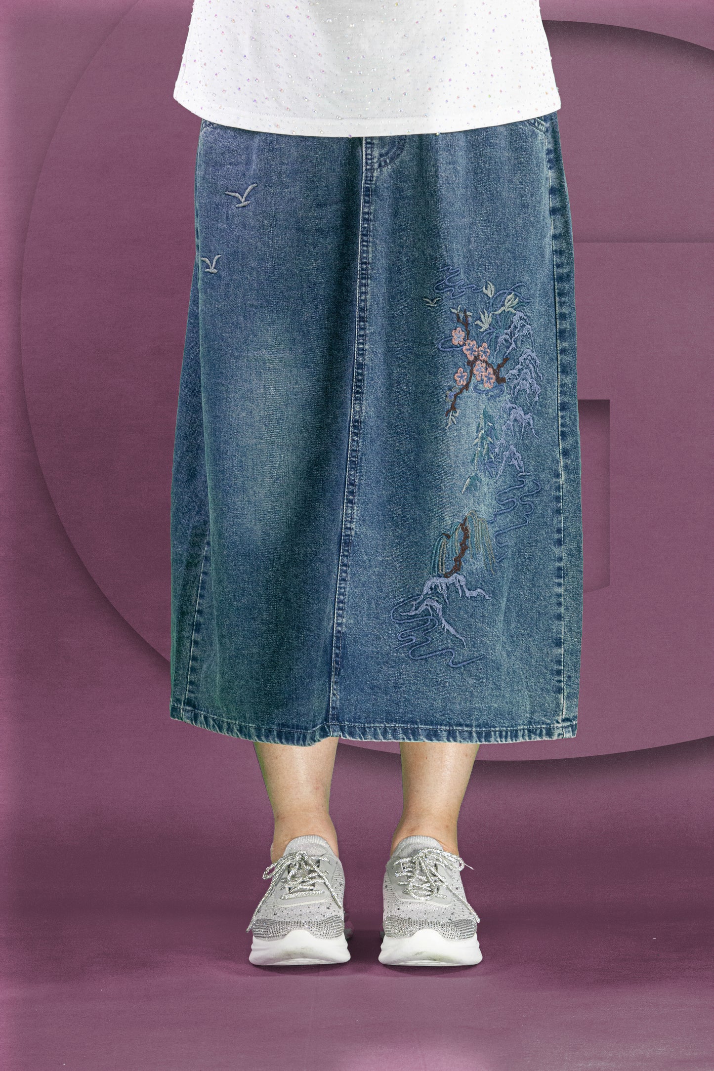 Rok Soft Jeans Motif Bunga Plum