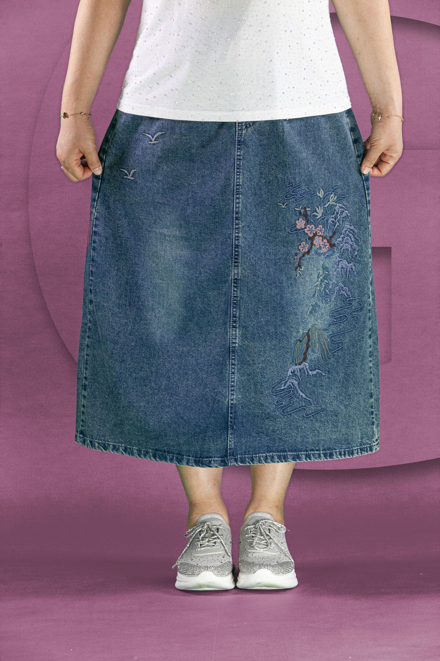 Rok Soft Jeans Motif Bunga Plum