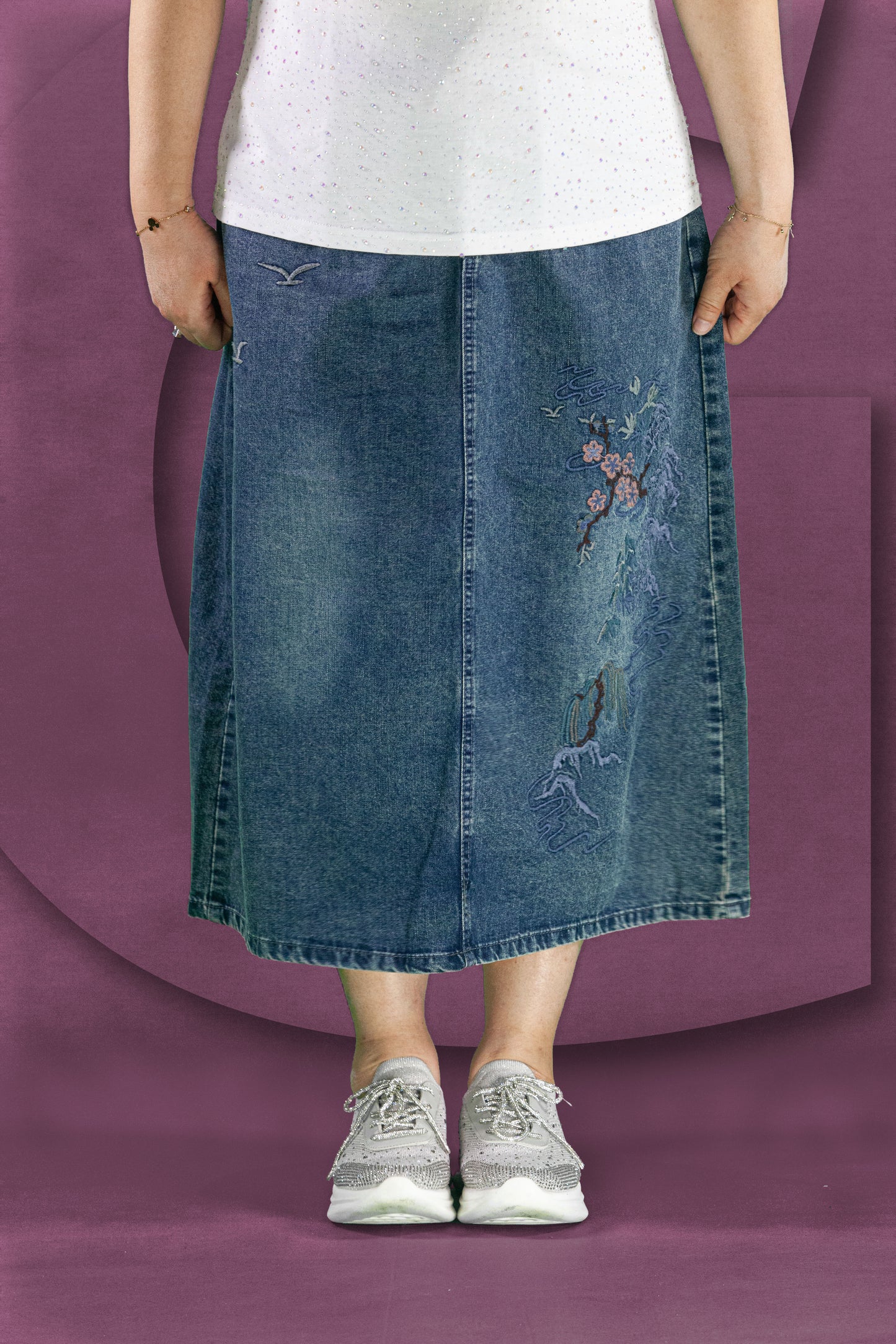 Rok Soft Jeans Motif Bunga Plum