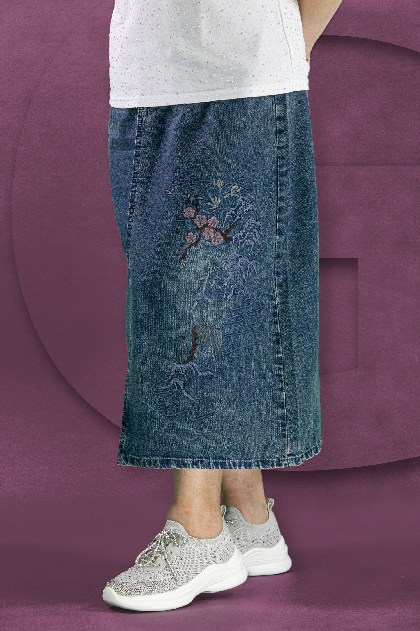 Rok Soft Jeans Motif Bunga Plum