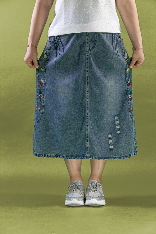 Rok Soft Jeans Motif Bunga Samping