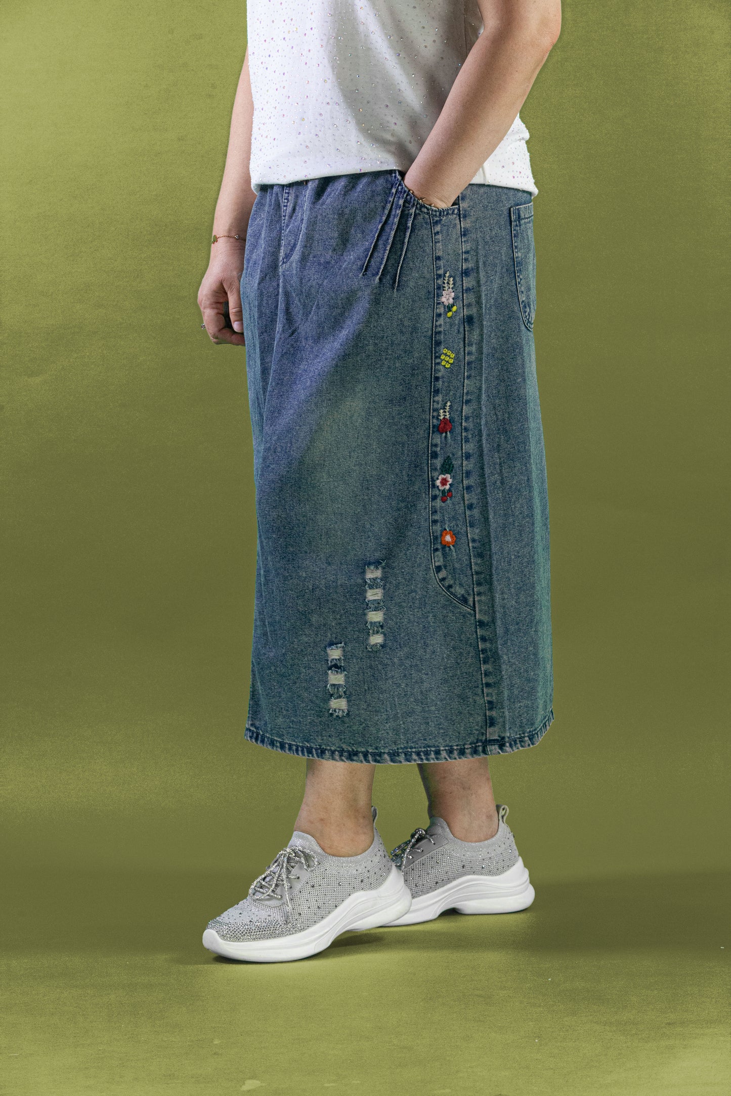 Rok Soft Jeans Motif Bunga Samping