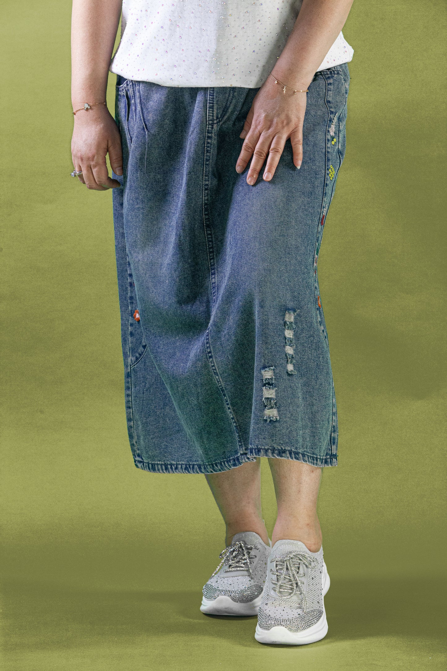 Rok Soft Jeans Motif Bunga Samping