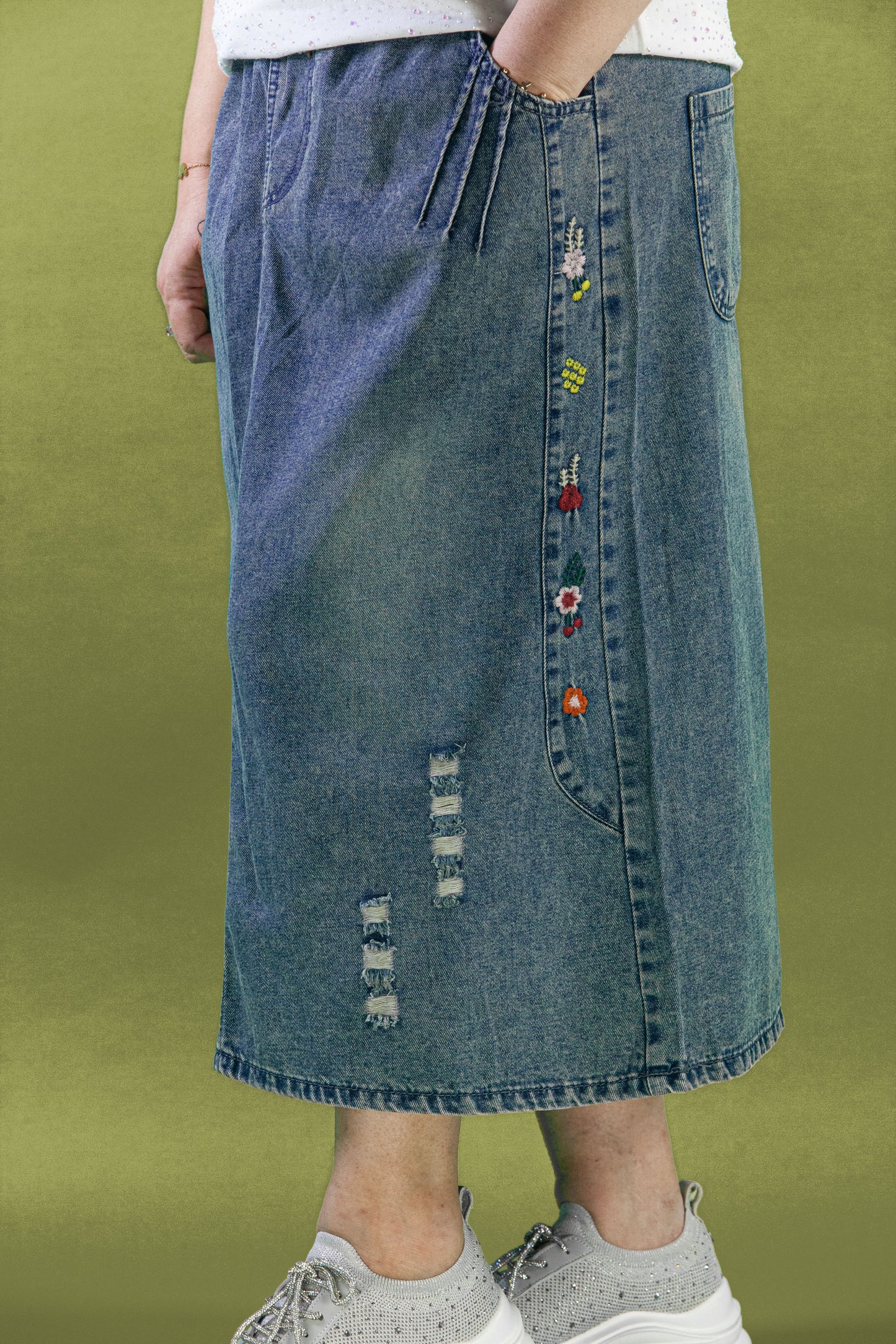 Rok Soft Jeans Motif Bunga Samping