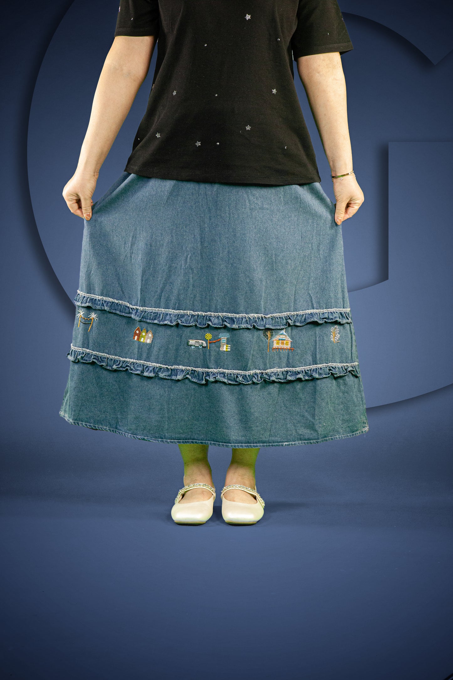 Rok Panjang Soft Jeans Bordir Motif Rumah