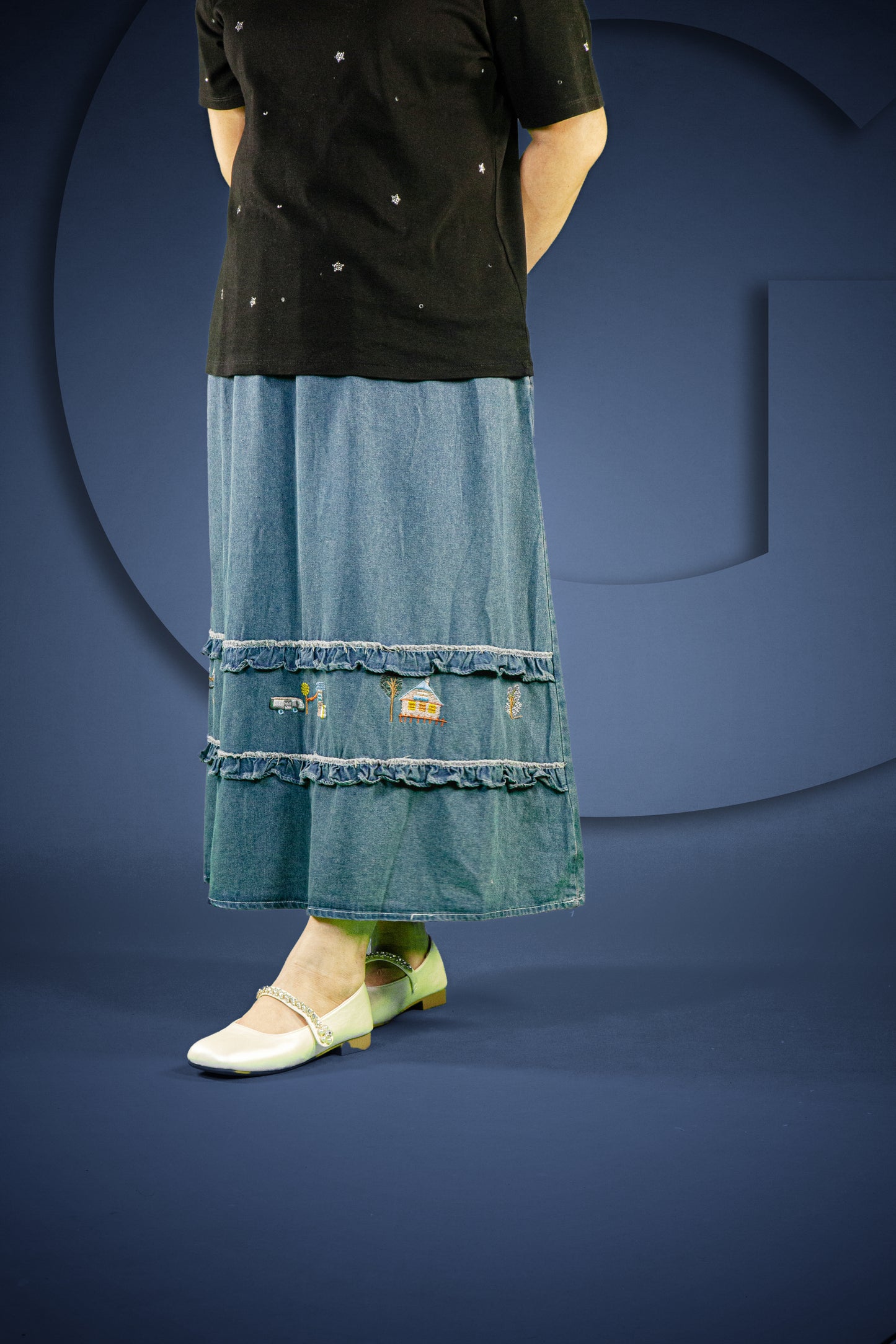 Rok Panjang Soft Jeans Bordir Motif Rumah