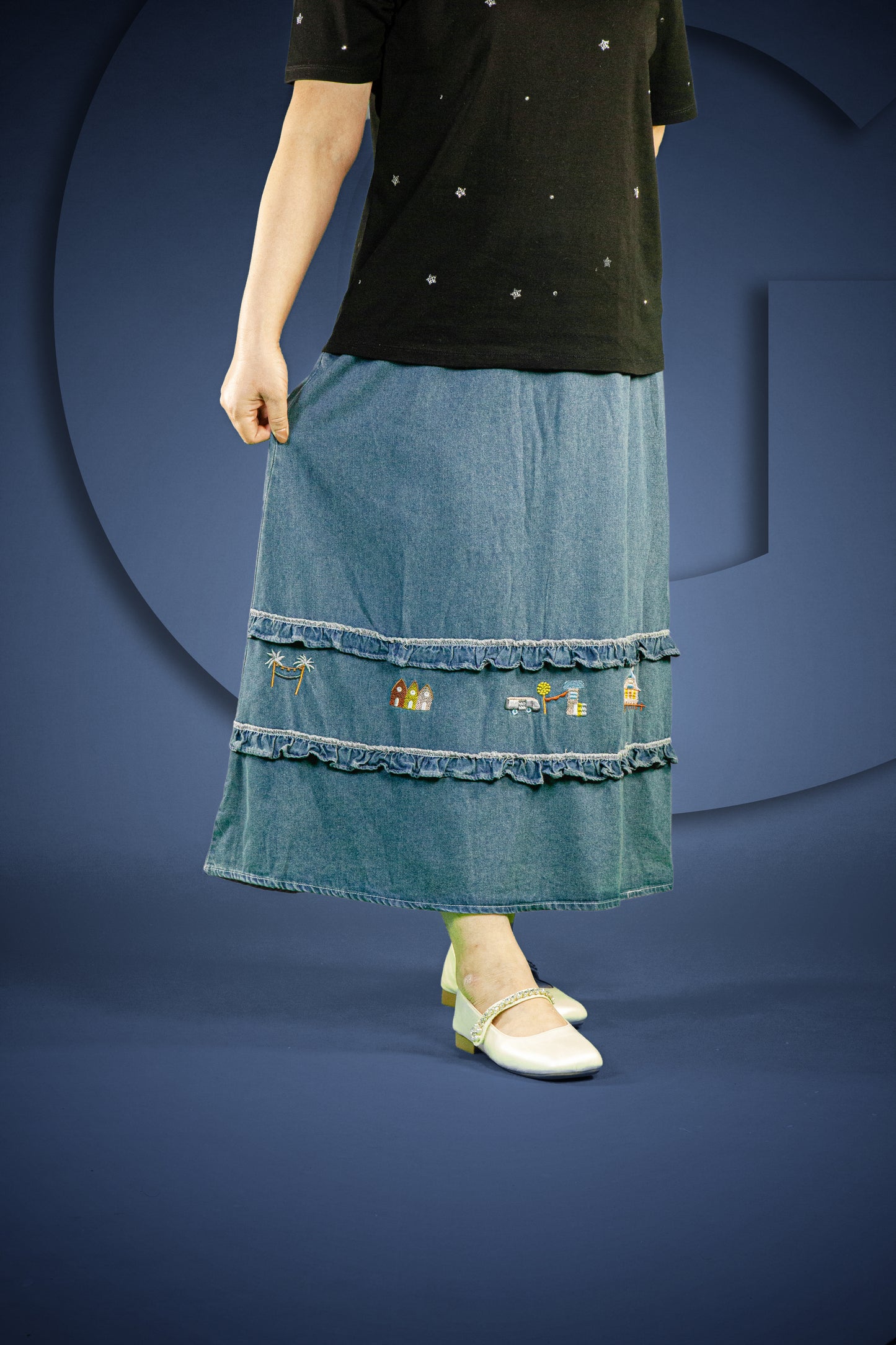 Rok Panjang Soft Jeans Bordir Motif Rumah