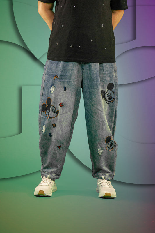 Celana Soft Jeans Motif Mickey Alphabet