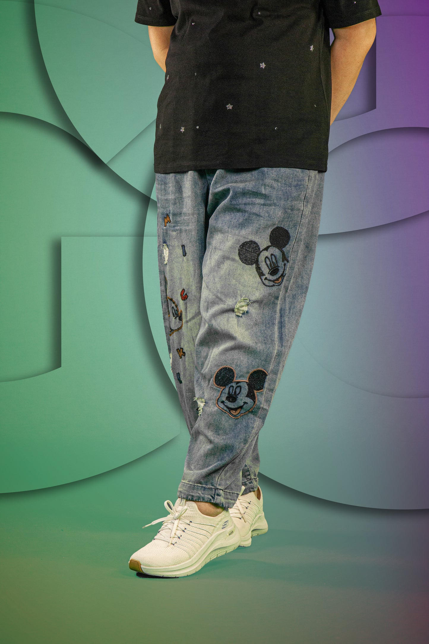 Celana Soft Jeans Motif Mickey Alphabet