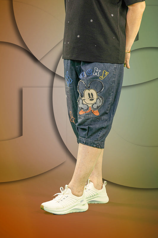 Celana Soft Jeans Motif Wondering Mickey