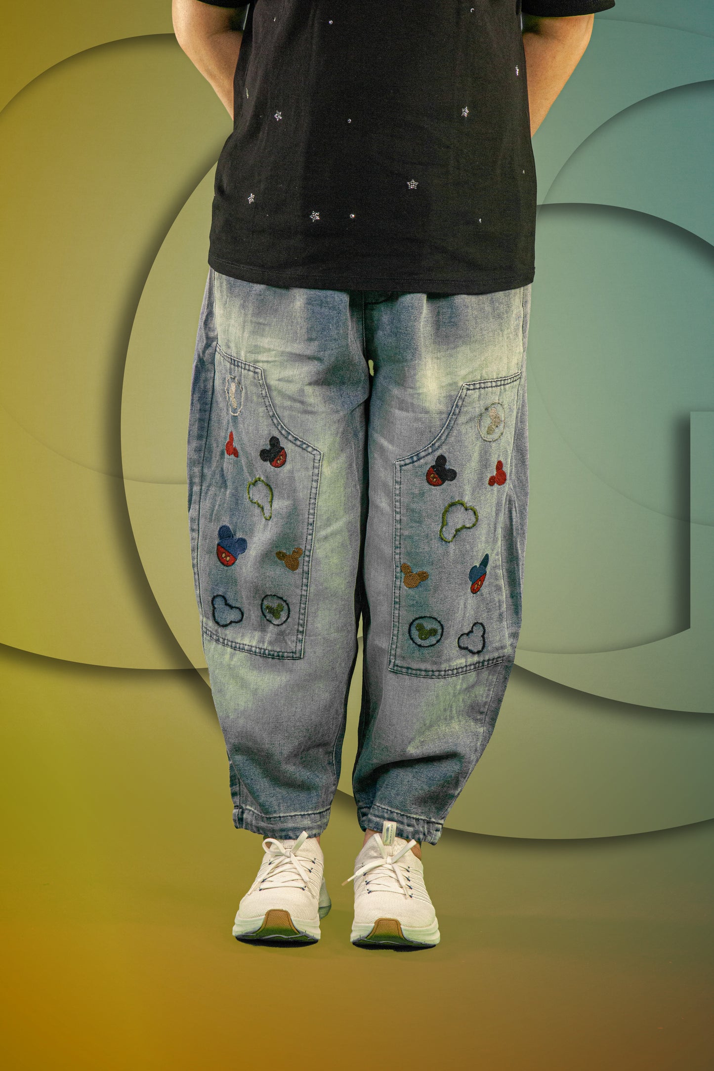 Celana Soft Jeans Motif Mickey Button