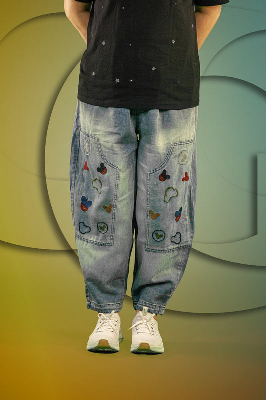 Celana Soft Jeans Motif Mickey Button