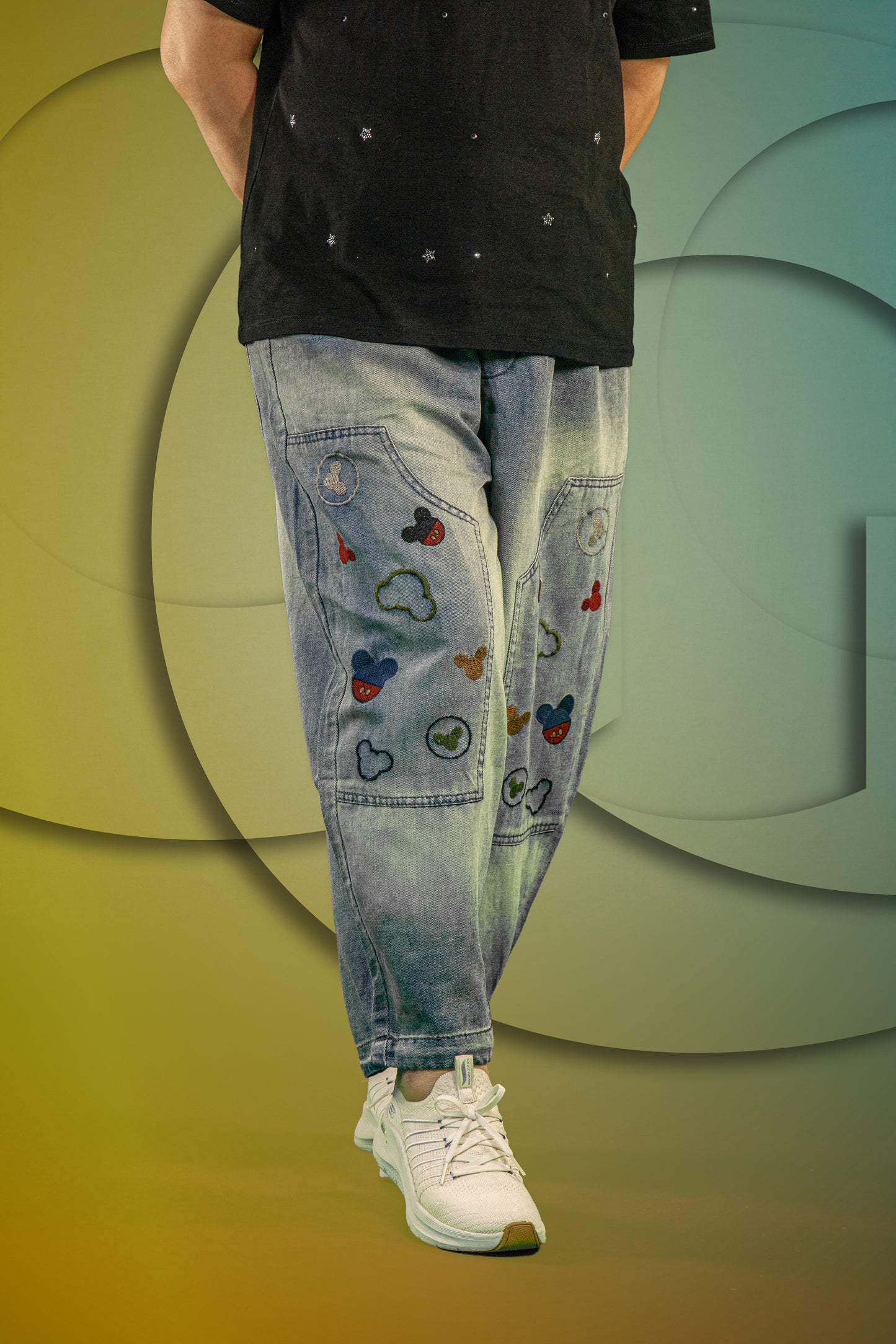 Celana Soft Jeans Motif Mickey Button