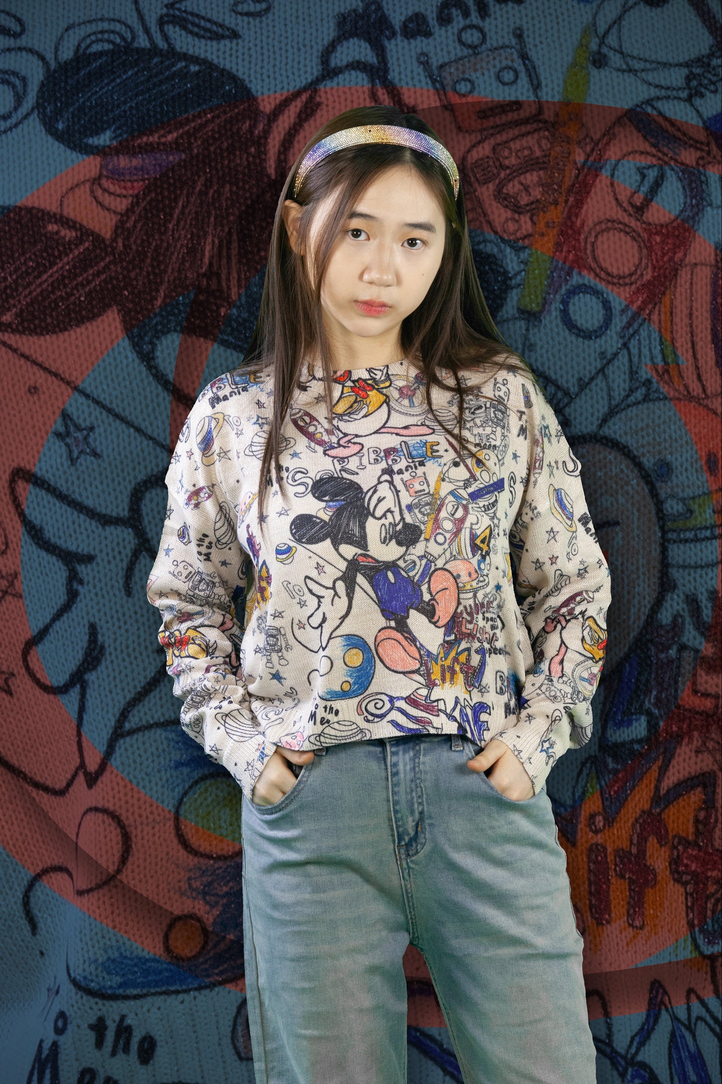 Blouse Rajut Tangan Panjang Motif Mickey Blue