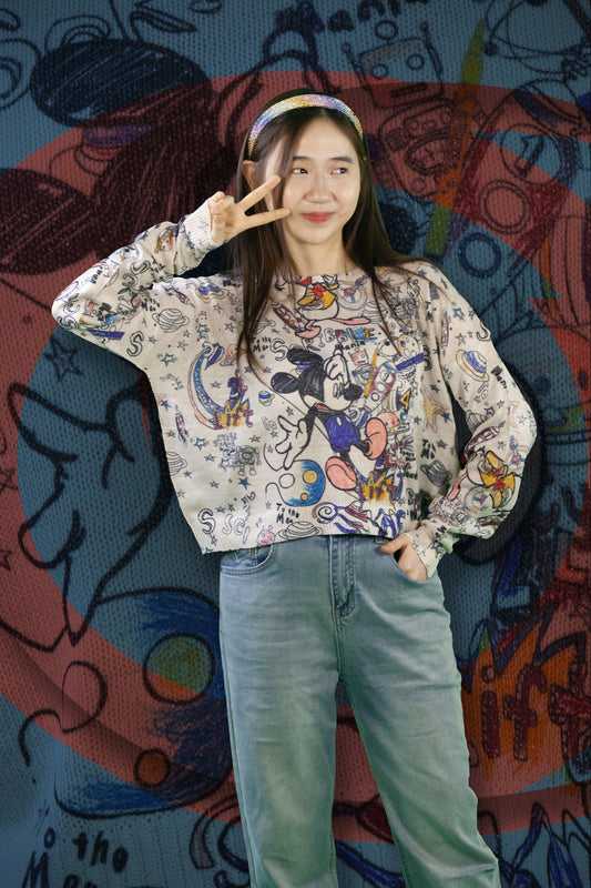 Blouse Rajut Tangan Panjang Motif Mickey Blue