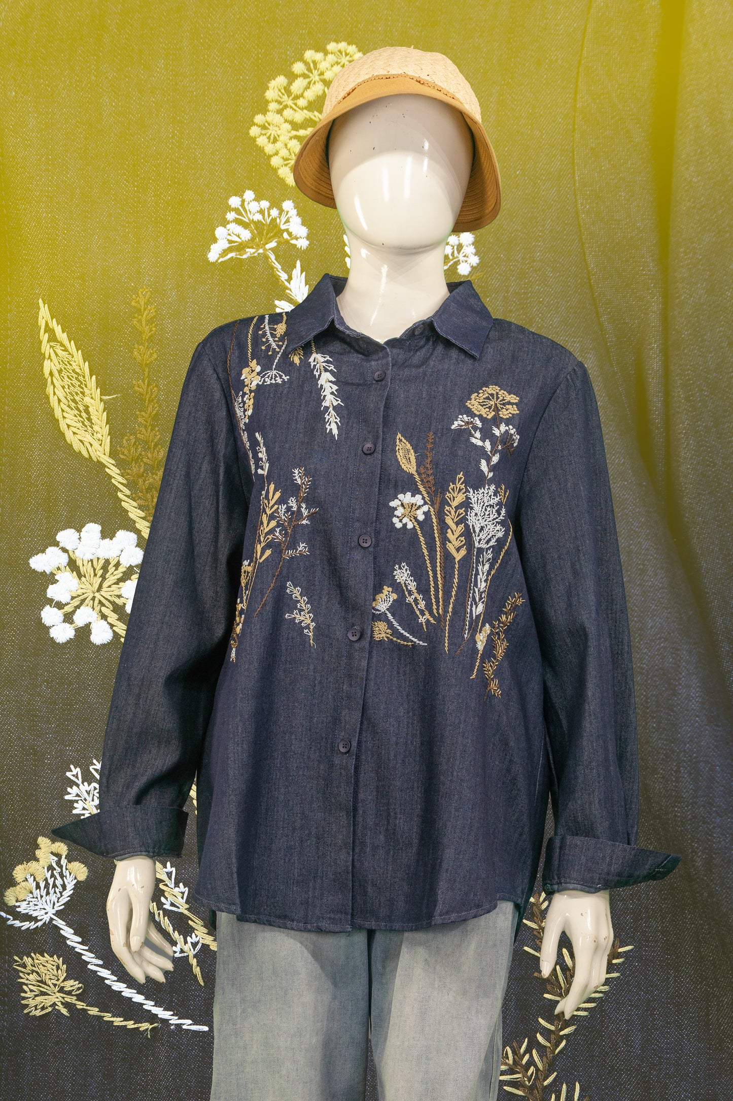 Blouse Soft Jeans Motif Tanaman Panjang
