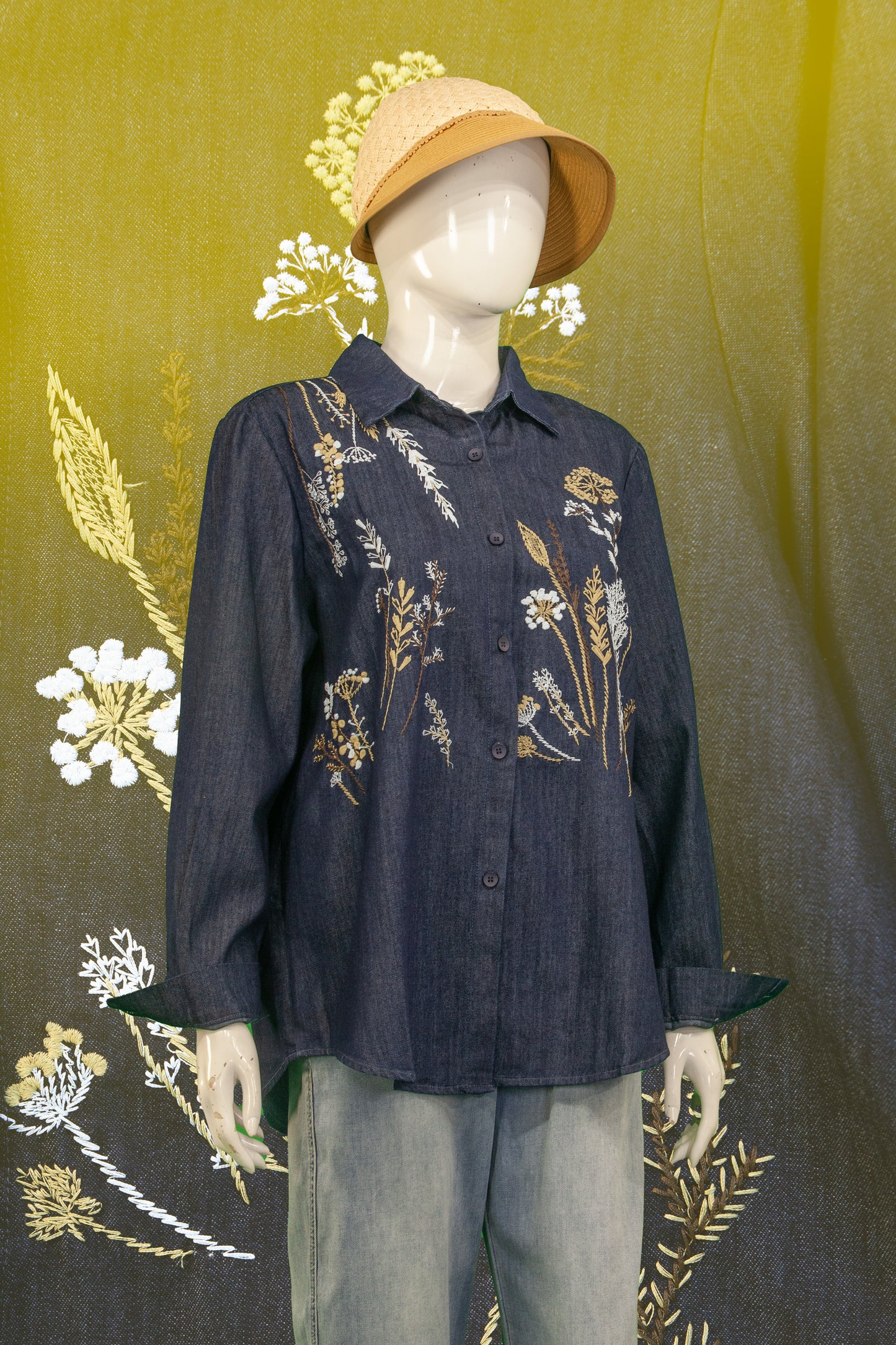 Blouse Soft Jeans Motif Tanaman Panjang