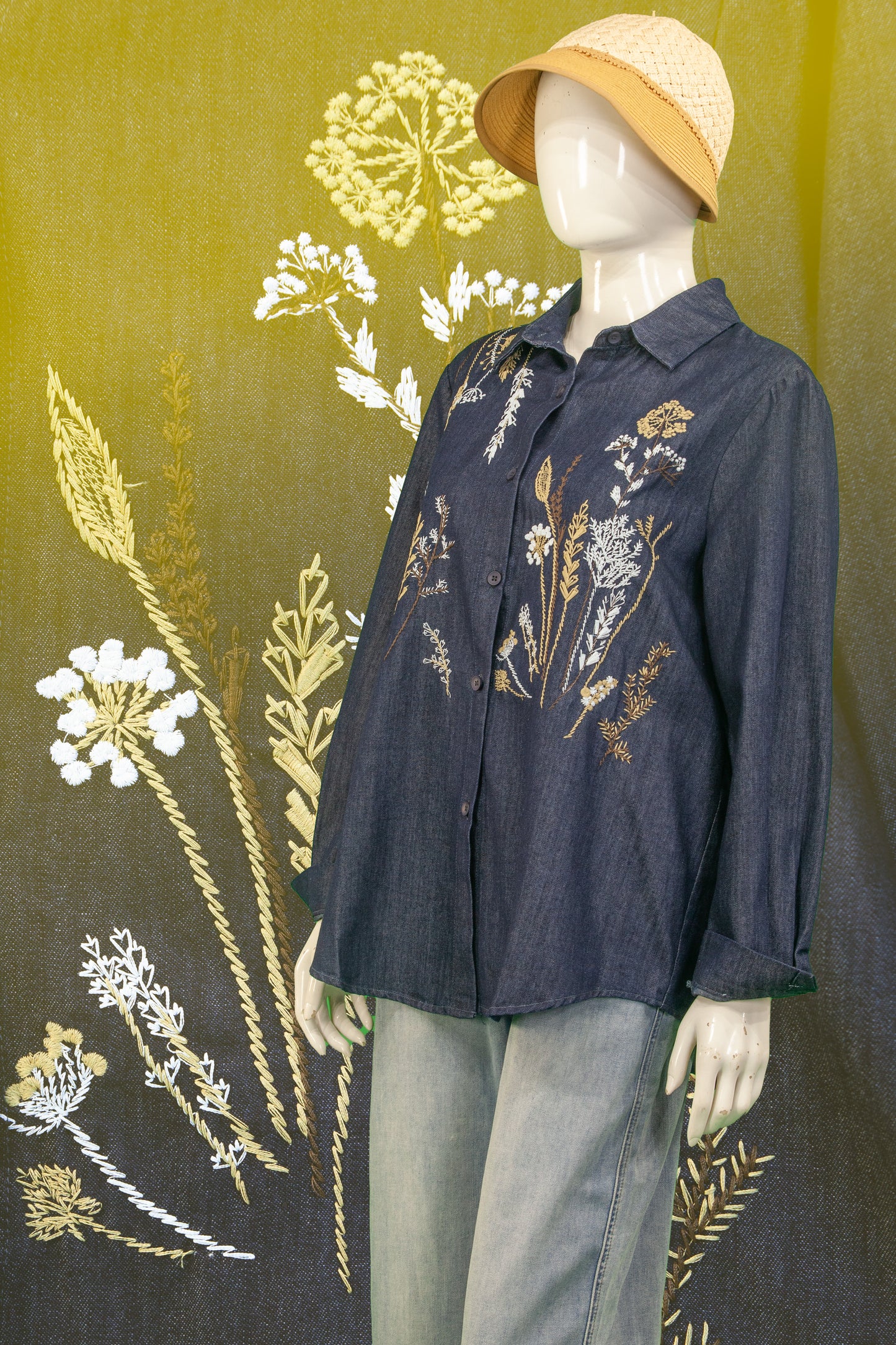 Blouse Soft Jeans Motif Tanaman Panjang