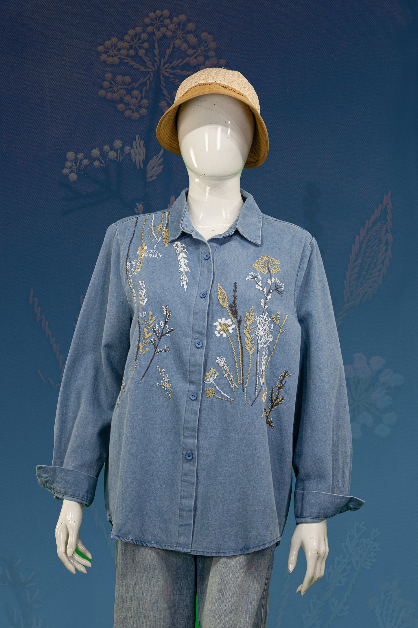Blouse Soft Jeans Motif Tanaman Panjang