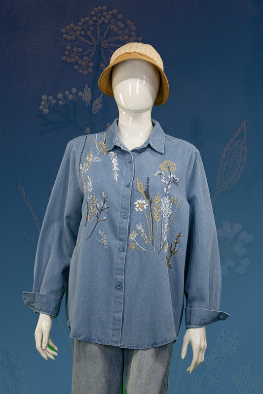 Blouse Soft Jeans Motif Tanaman Panjang