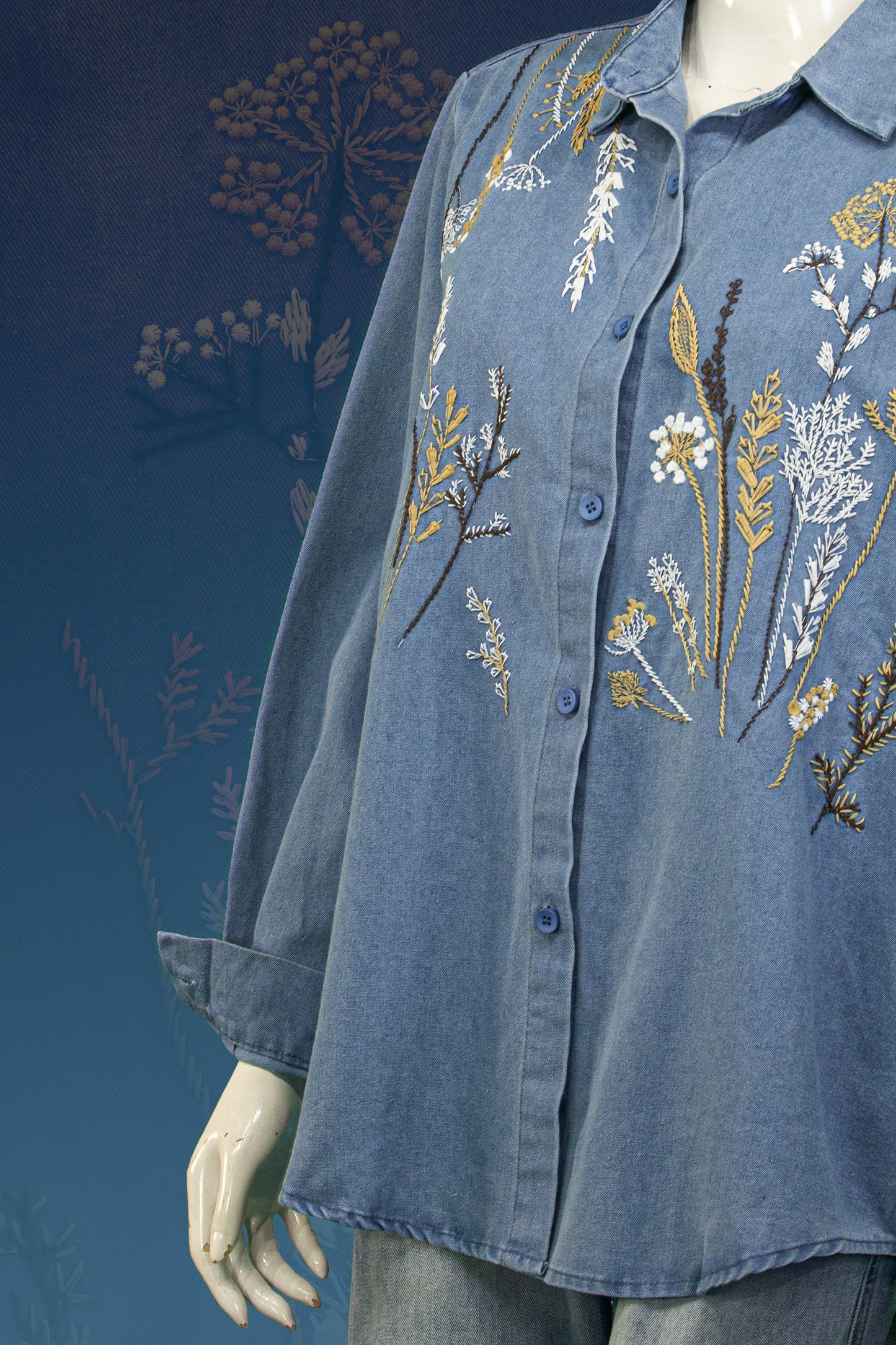 Blouse Soft Jeans Motif Tanaman Panjang