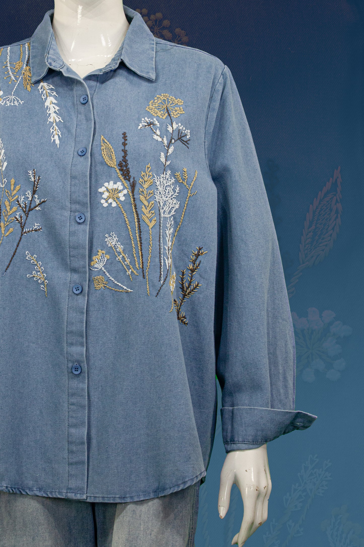Blouse Soft Jeans Motif Tanaman Panjang