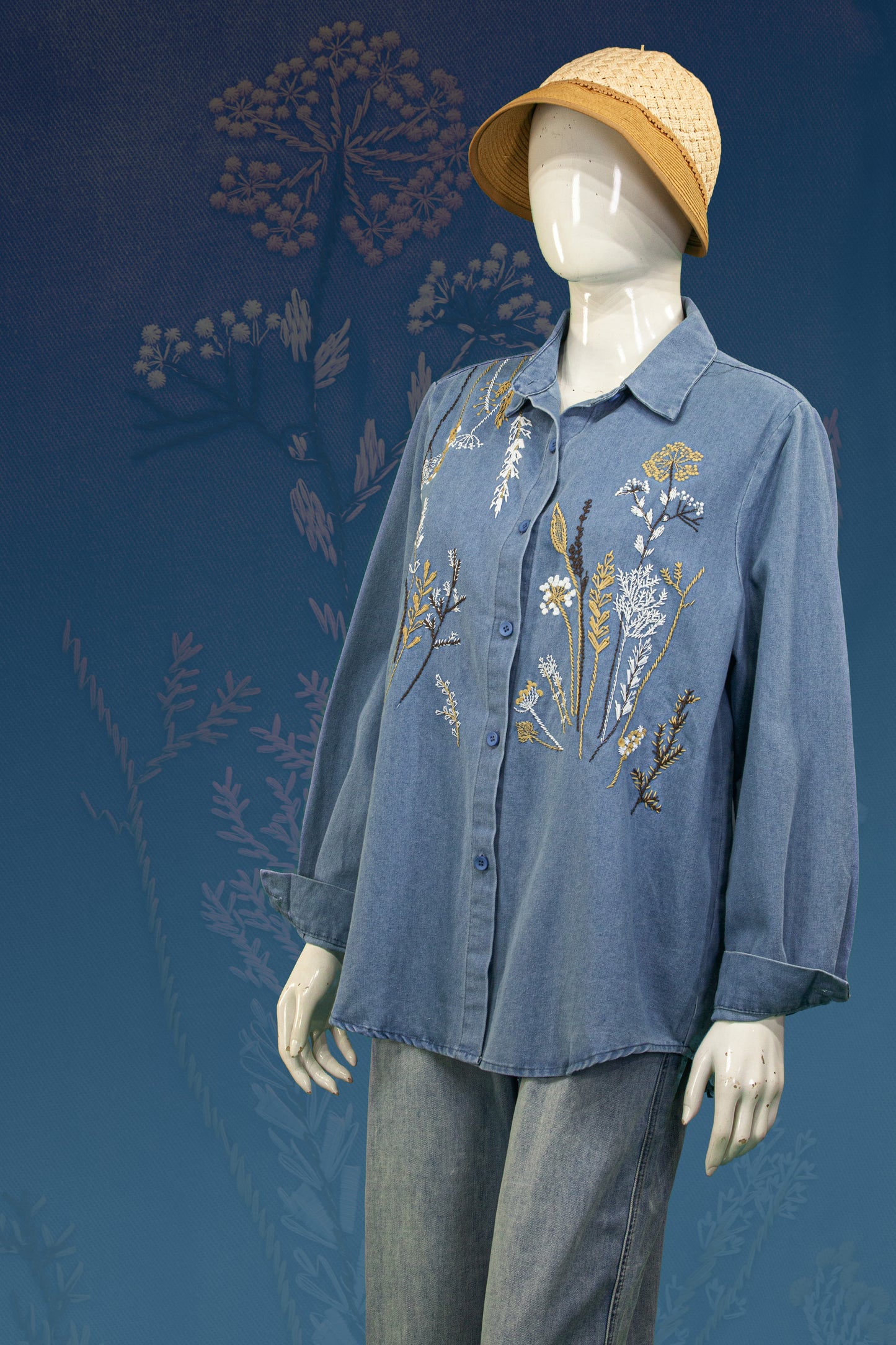 Blouse Soft Jeans Motif Tanaman Panjang
