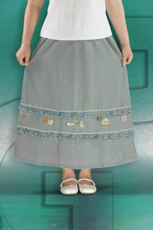 Rok Panjang Soft Jeans Bordir Motif Rumah