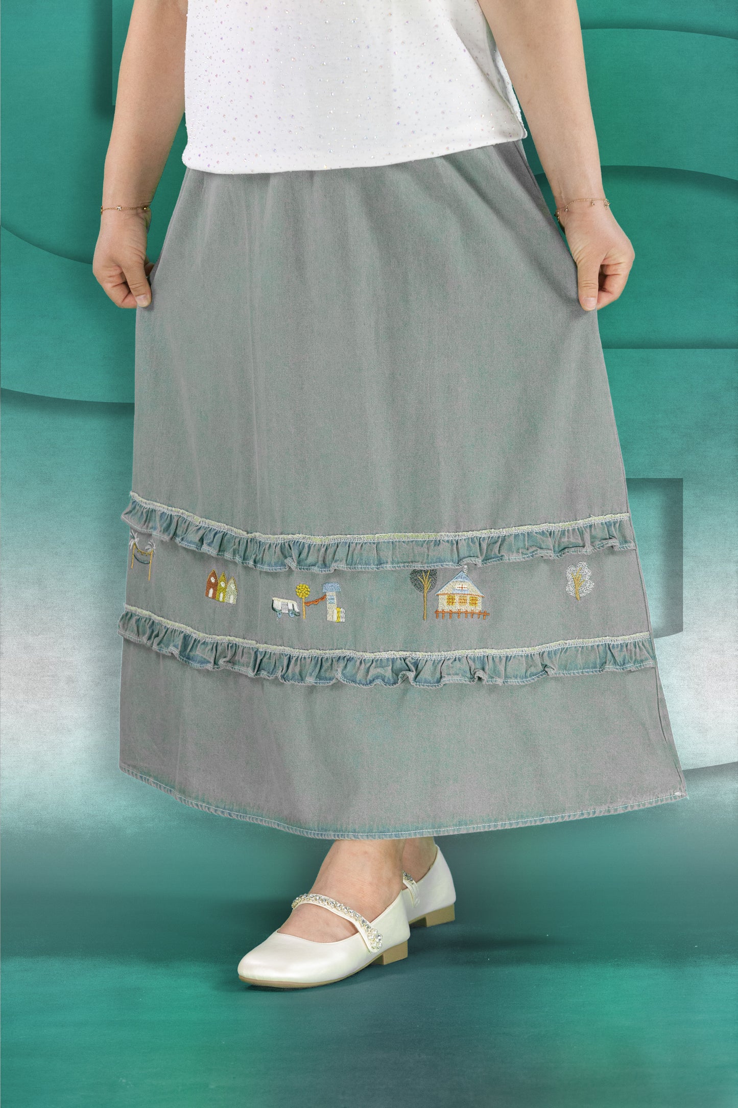 Rok Panjang Soft Jeans Bordir Motif Rumah