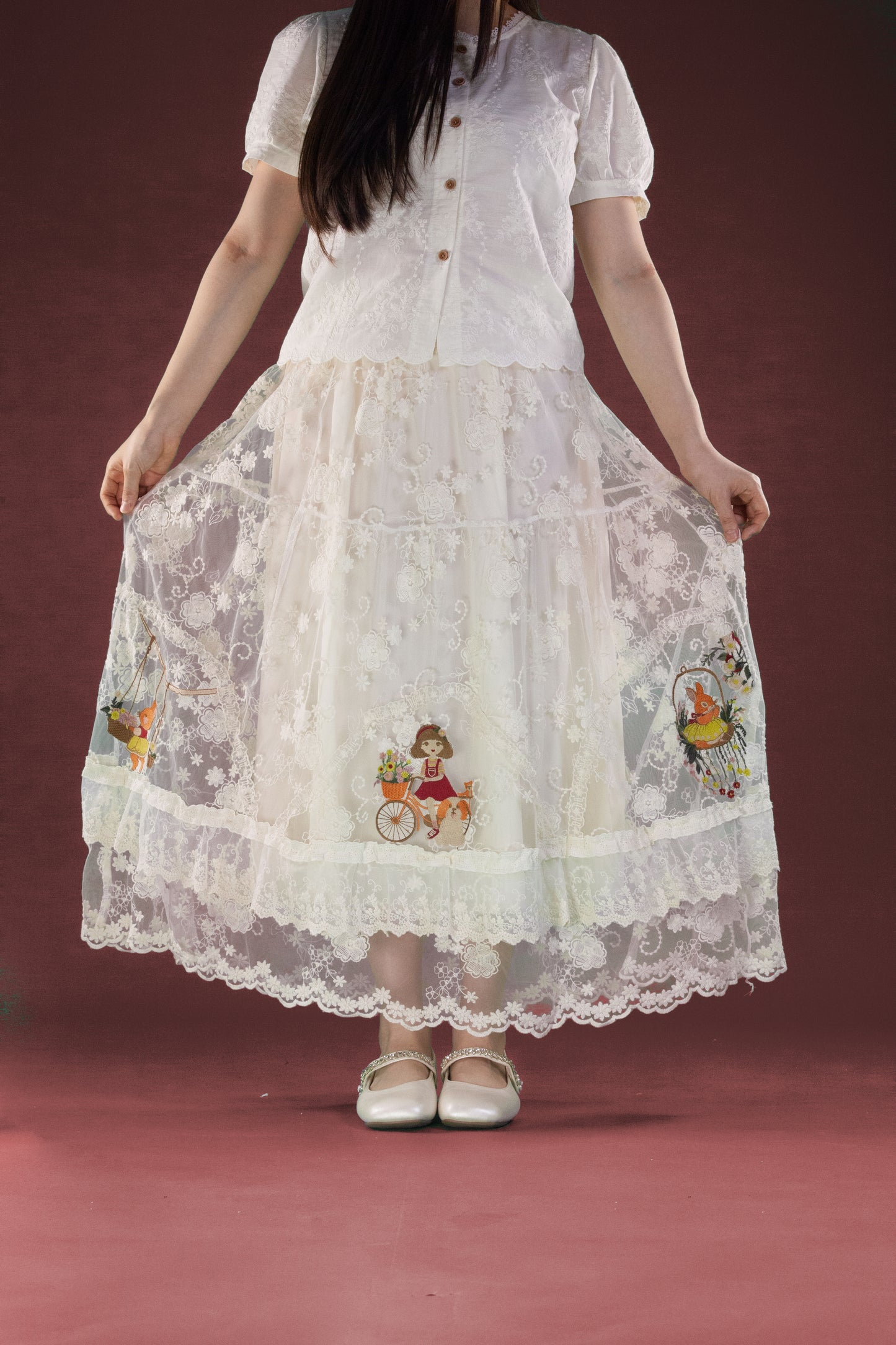 Rok Brukat Motif Bicycle Girl and Rabbit