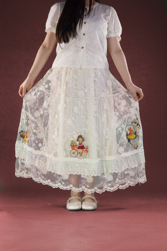 Rok Brukat Motif Bicycle Girl and Rabbit