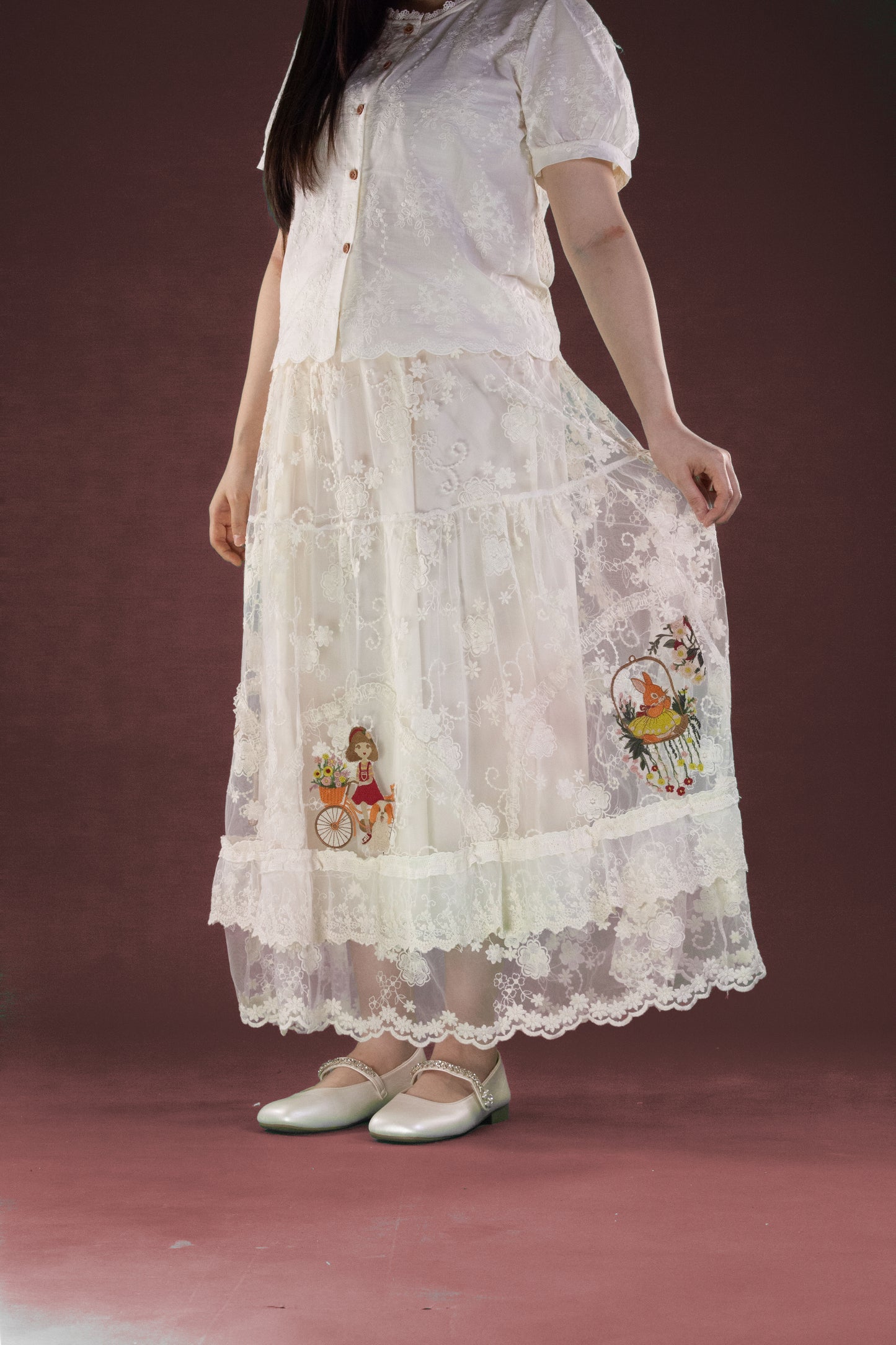 Rok Brukat Motif Bicycle Girl and Rabbit