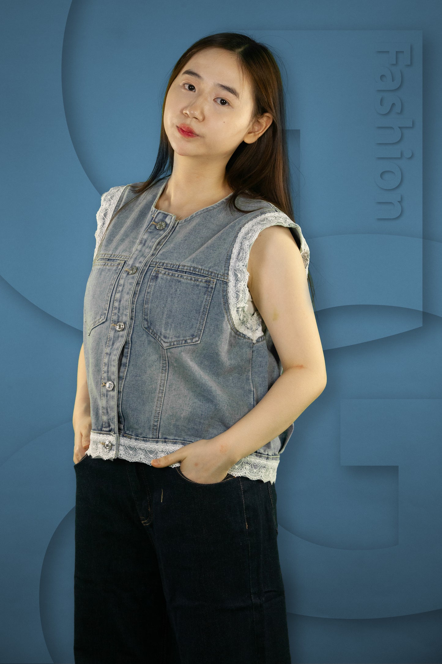 Vest Jeans Renda Tangan