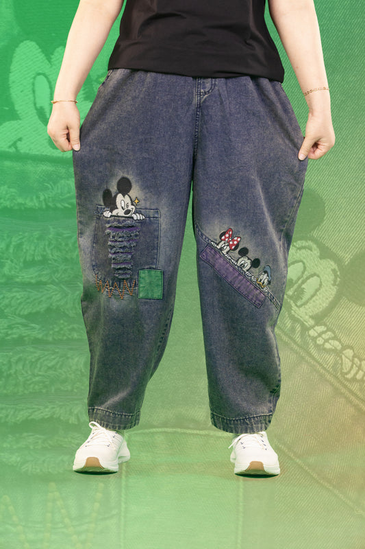 Celana Soft Jeans Motif Mickey, Minnie and Donal
