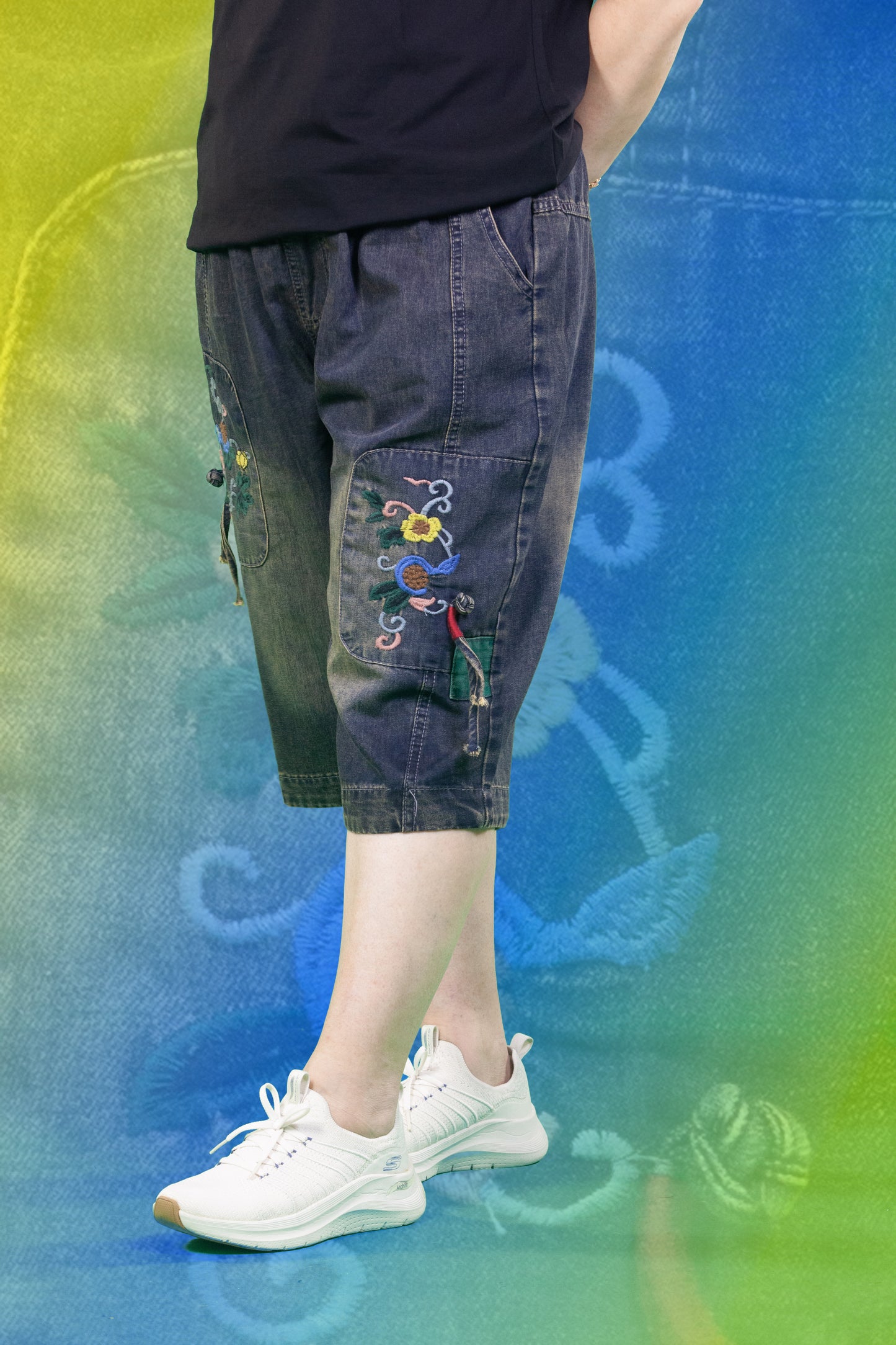 Celana Soft Jeans Motif Bunga dan Pita
