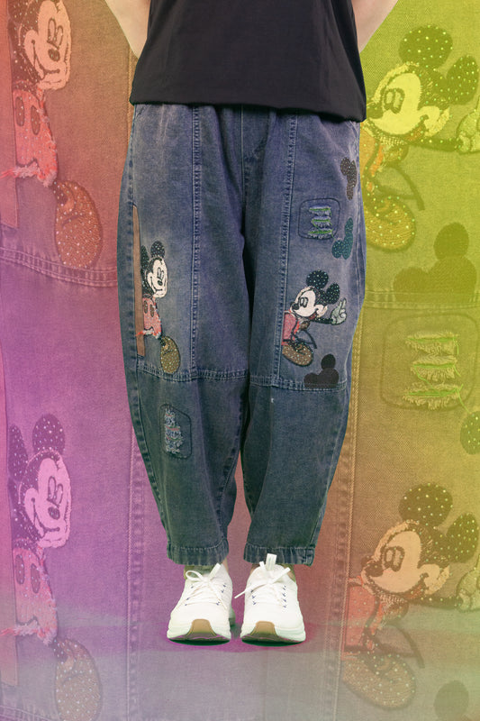 Celana Soft Jeans Motif Hiding Mickey Manik